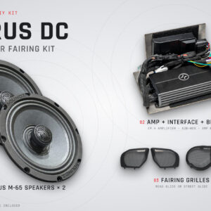 Mirus DC 2-speaker fairing kit MDC224B: two M-65 speakers, CM.4 amplifier with A2B-HD5 interface and bracket, and fairing grilles