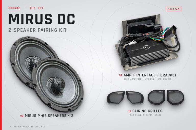 Mirus DC 2-speaker fairing kit MDC224B: two M-65 speakers, CM.4 amplifier with A2B-HD5 interface and bracket, and fairing grilles
