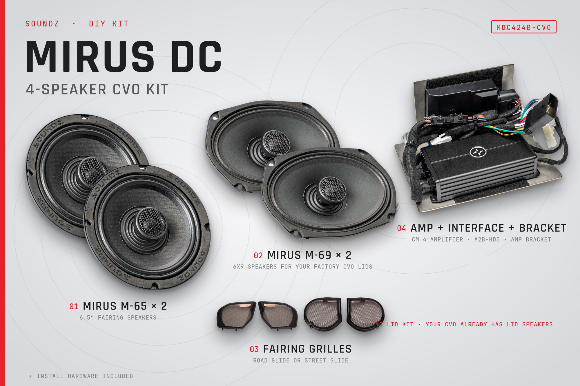 Mirus DC 4-speaker CVO kit MDC424B-CVO: two M-65 fairing speakers, two M-69 6x9 speakers for the factory CVO lids, fairing grilles, CM.4 amplifier with A2B-HD5 interface and bracket