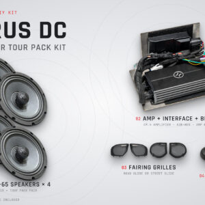 Mirus DC 4-speaker tour pack kit MDC426T: four M-65 speakers, CM.4 amplifier with A2B-HD5 interface and bracket, fairing grilles and GR65 grilles